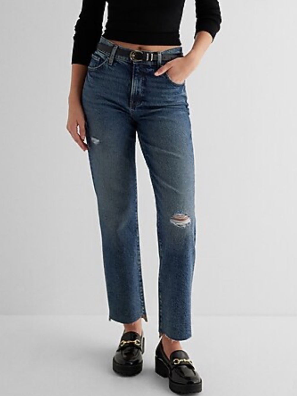 Express High Waisted Medium Wash Ripped Raw Hem Straight Ankle Jeans 6R